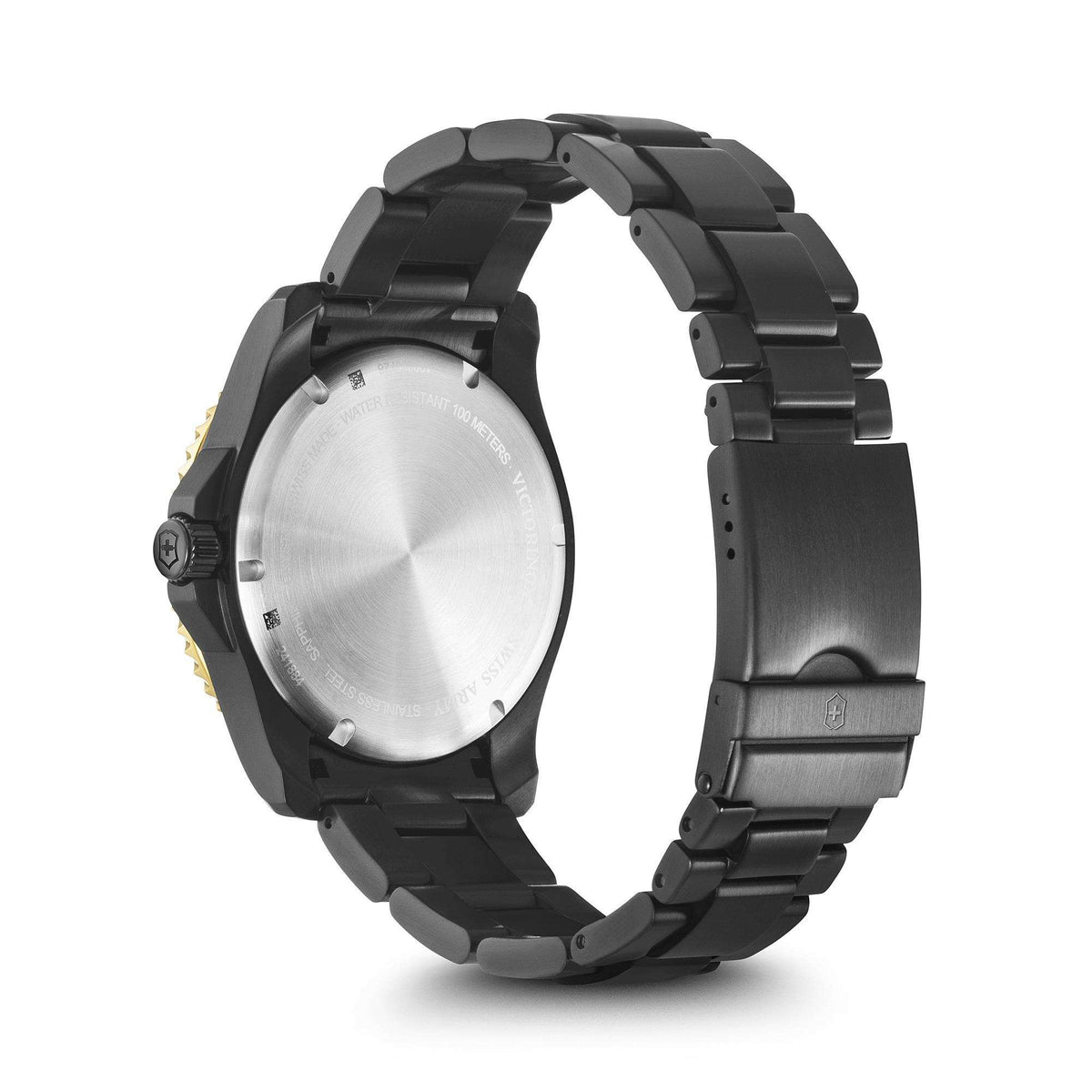Men's black steel quartz wristwatch, back view showing brushed caseback and link bracelet