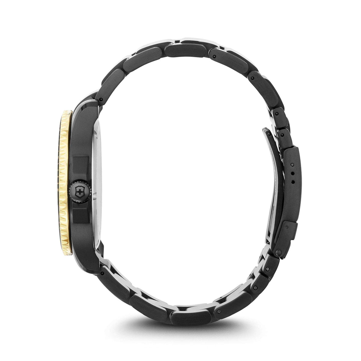 Men's black steel quartz wristwatch, side profile view with gold-toned bezel edge