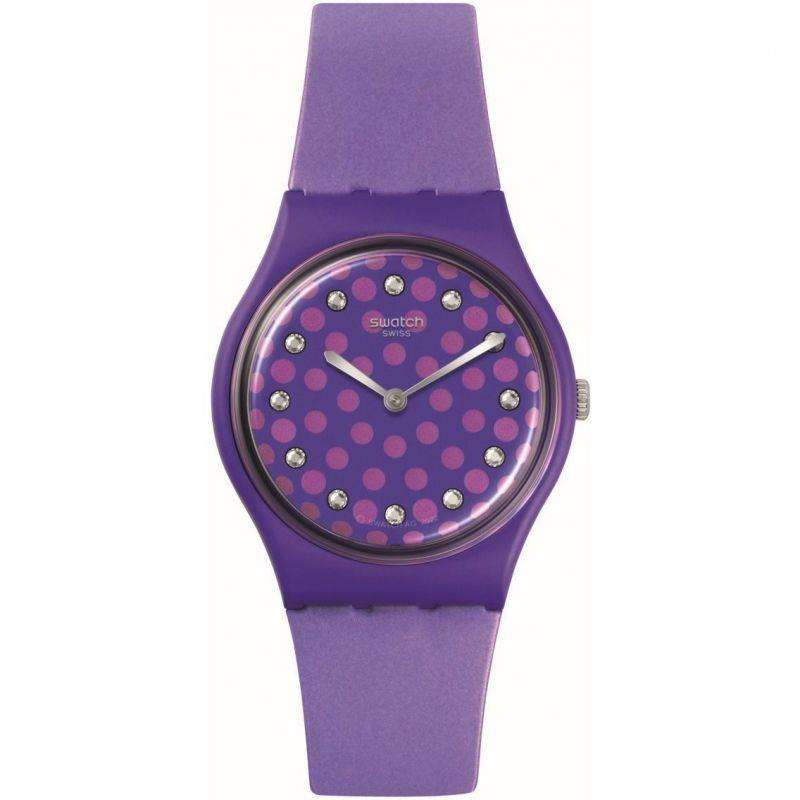 Purple strap watch with plum dial, dot pattern and three-hand analog display