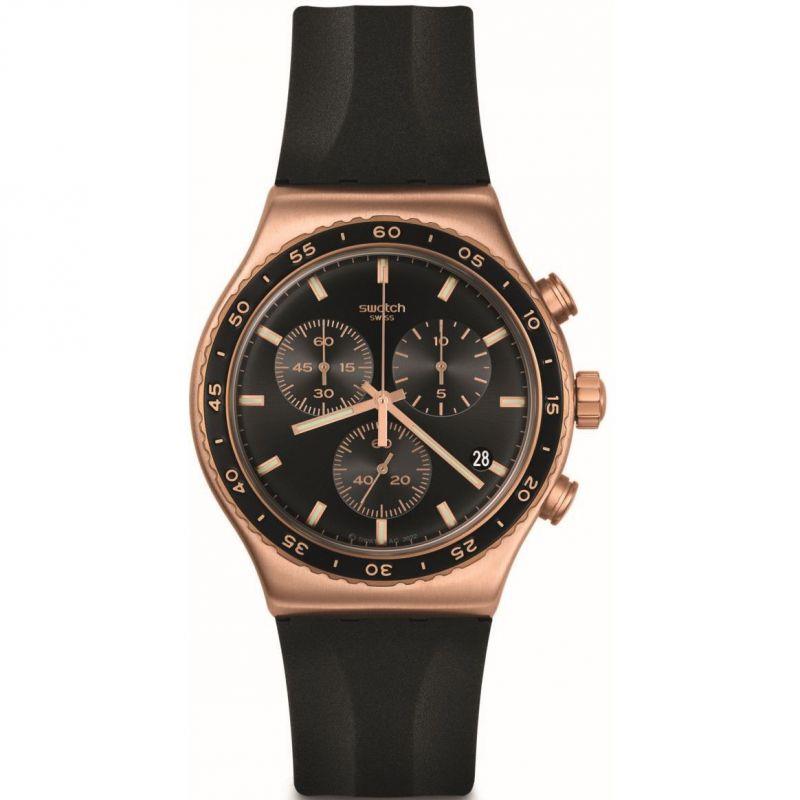 Swatch black dial watch with rose-gold case and black rubber strap
