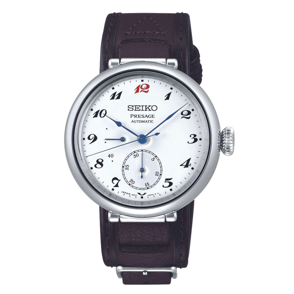 Front view of the Seiko Presage SPB359J1 watch, highlighting its stainless steel case, white dial and a thick brown leather strap.
