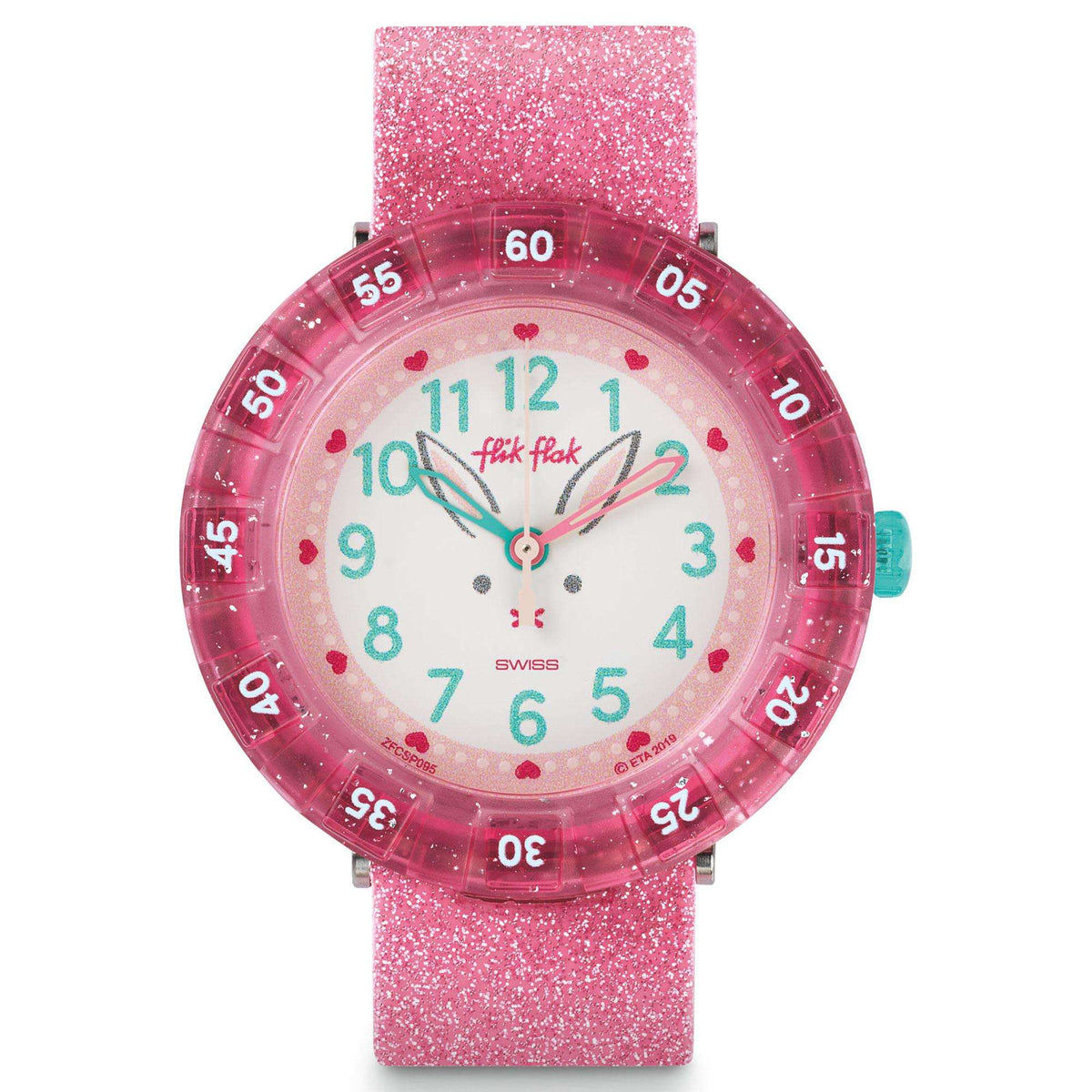 Girls pink glitter silicone watch with white dial, numbered bezel and turquoise hands