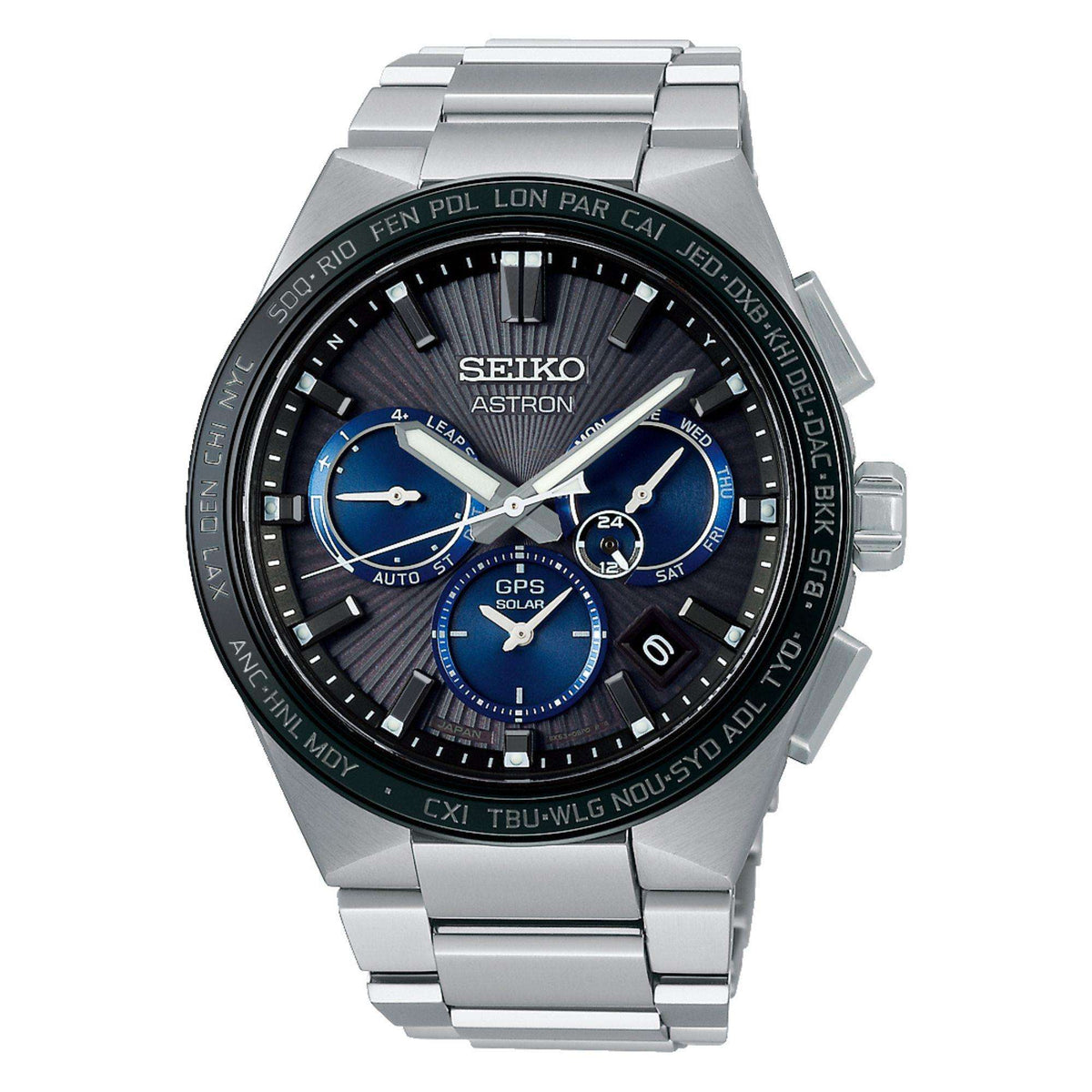 Seiko Astron watch SSH119J1 with a black face and silver strap on a white background