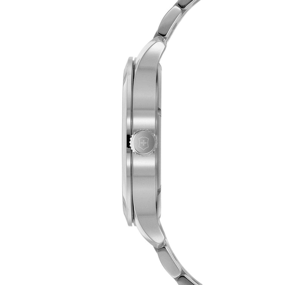 Men's stainless steel quartz watch side view with crown and smooth bezel