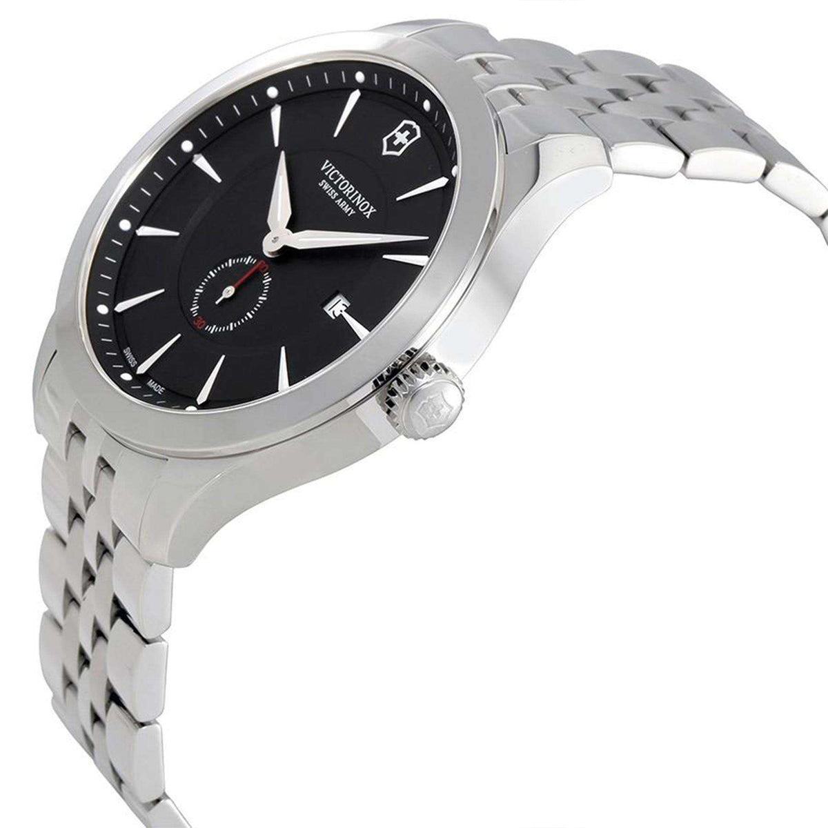 Men's stainless steel quartz watch with black dial, baton markers, and crown