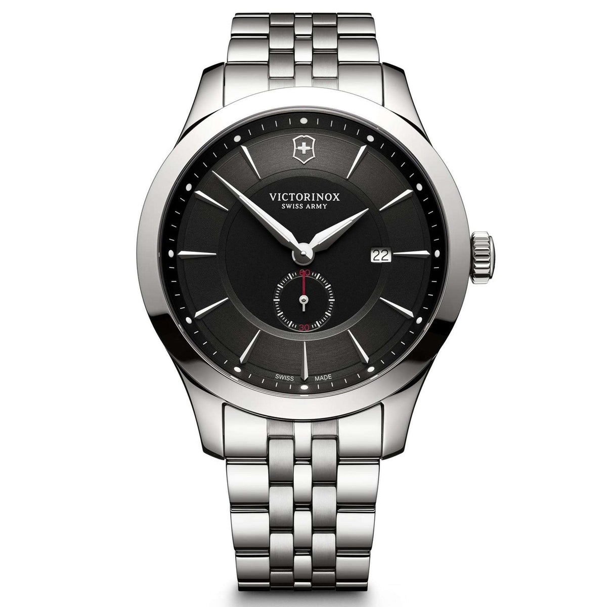 Men's stainless steel quartz watch with black dial, subdials, and date window