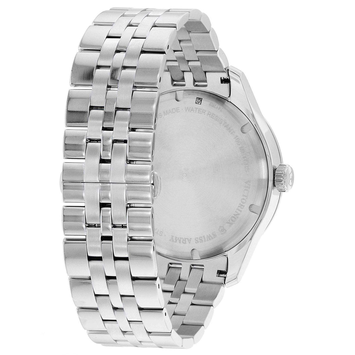 Men's stainless steel quartz watch back with embossed case text and bracelet links