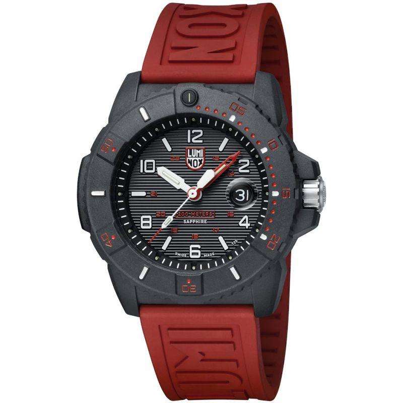 Luminox men's watch with black dial and red rubber strap, round case with bezel detail