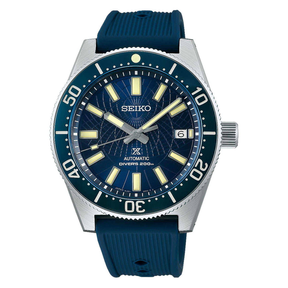 Front view of Seiko Prospex Astrolabe SLA065J1 watch, featuring a stainless steel case, a blue rotating divers bezel, and blue silicone strap.