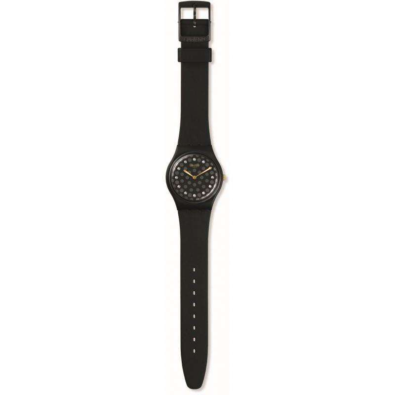 Black rubber strap Swatch watch with rectangular buckle and black dotted dial.