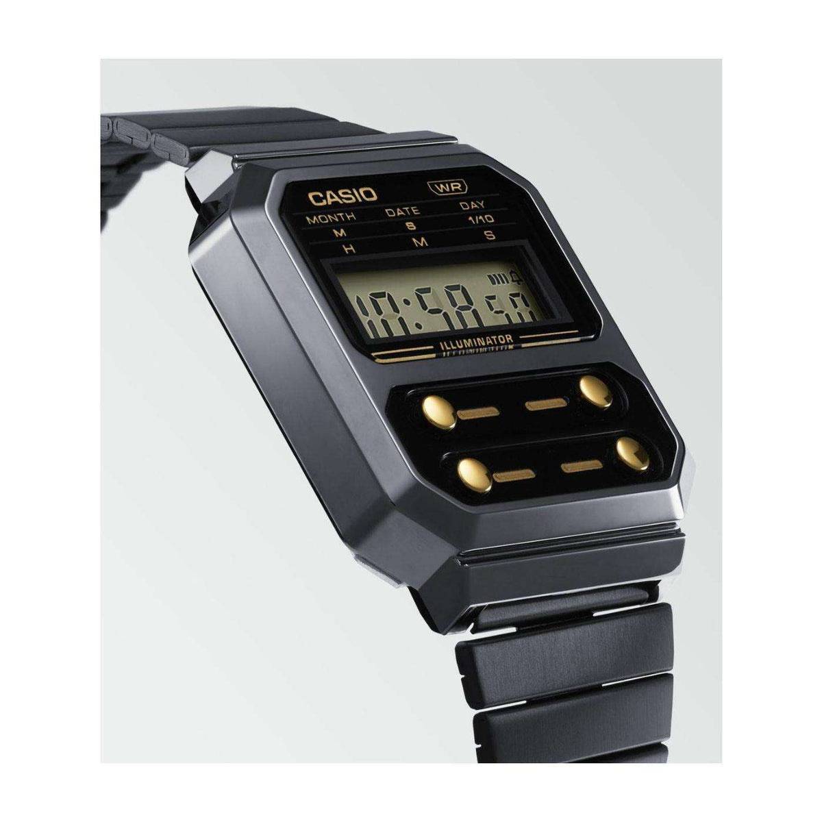 Casio digital watch angled view with black case, gold buttons, and LCD display
