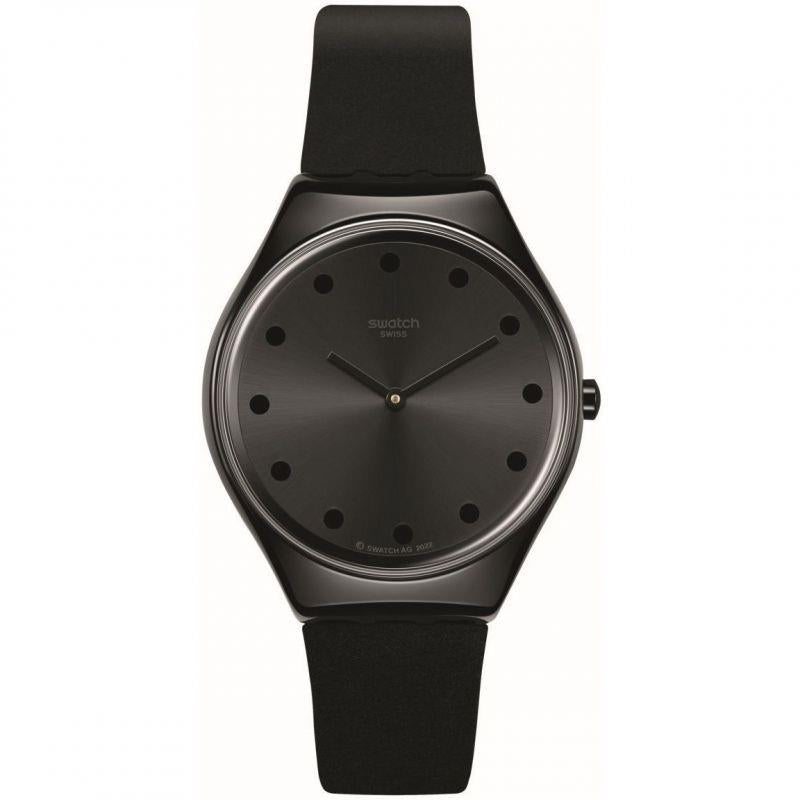 Ladies black leather-strap watch with dark dial and round black case