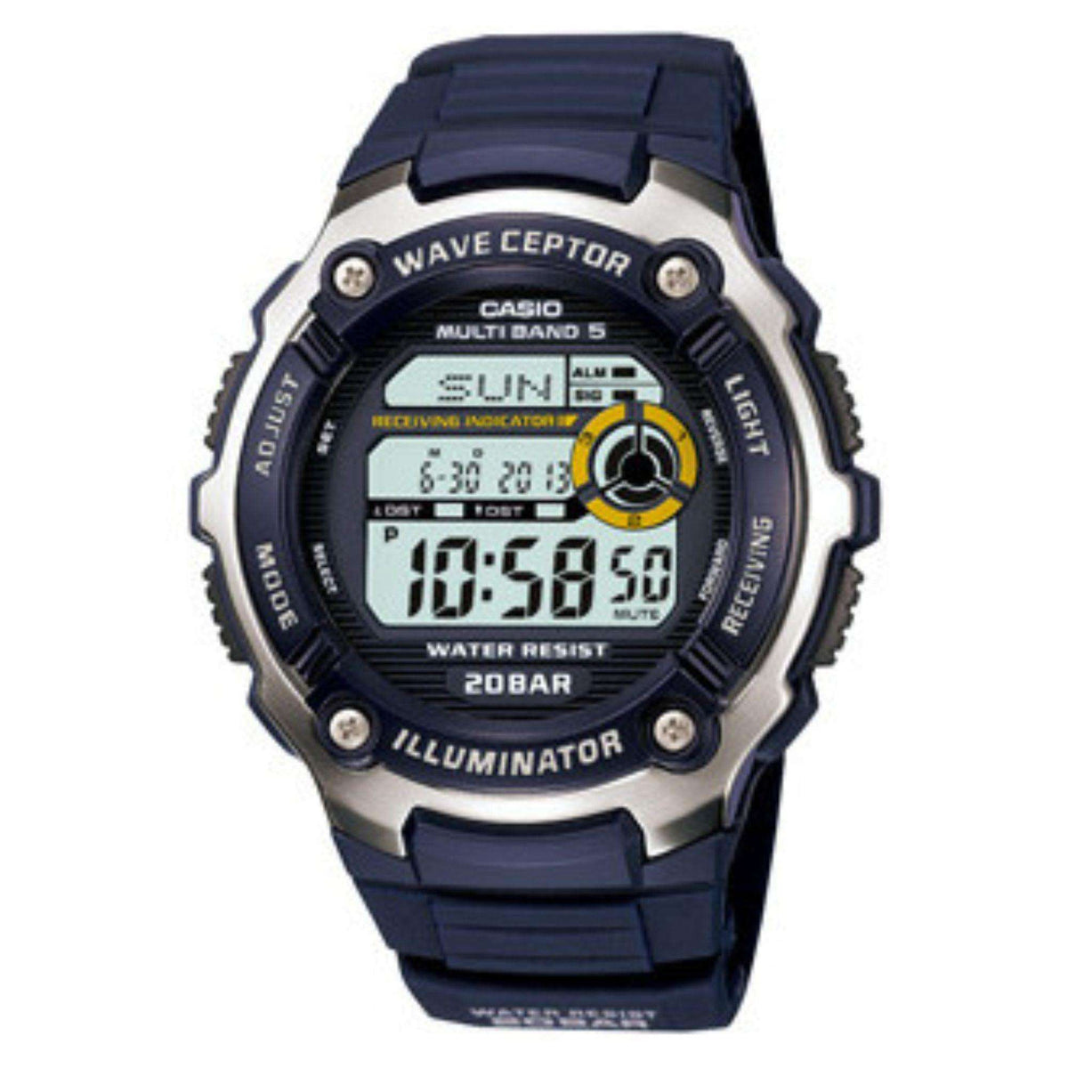 Casio Wave Ceptor digital quartz watch, blue resin strap, dark round bezel display