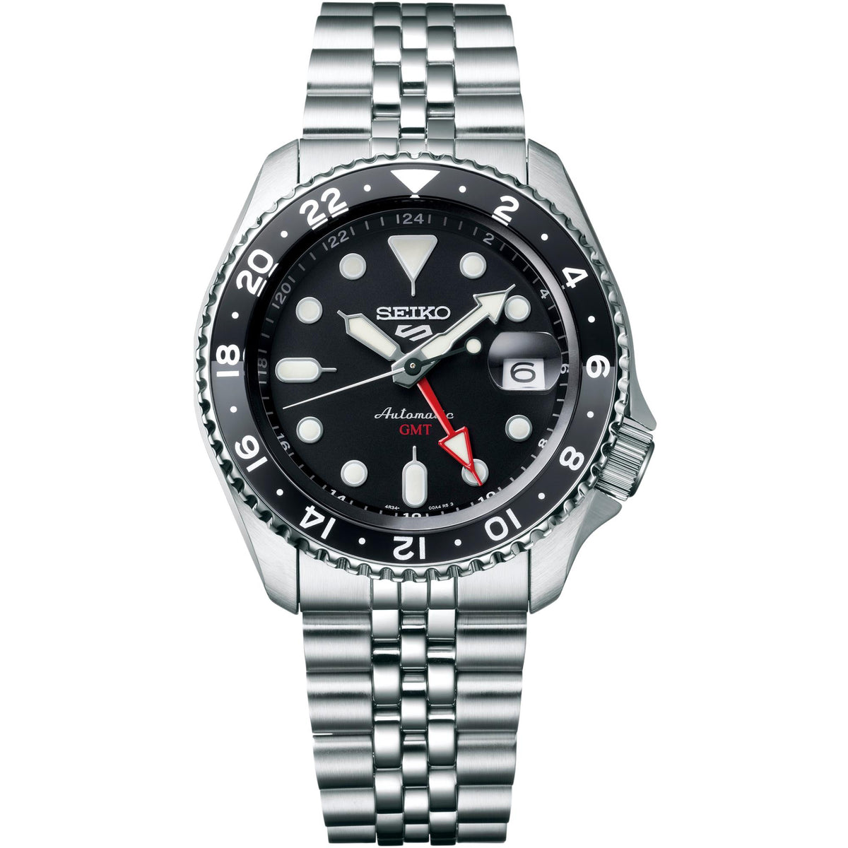 Men's black dial GMT watch with steel bracelet, black bezel, and red GMT hand accents