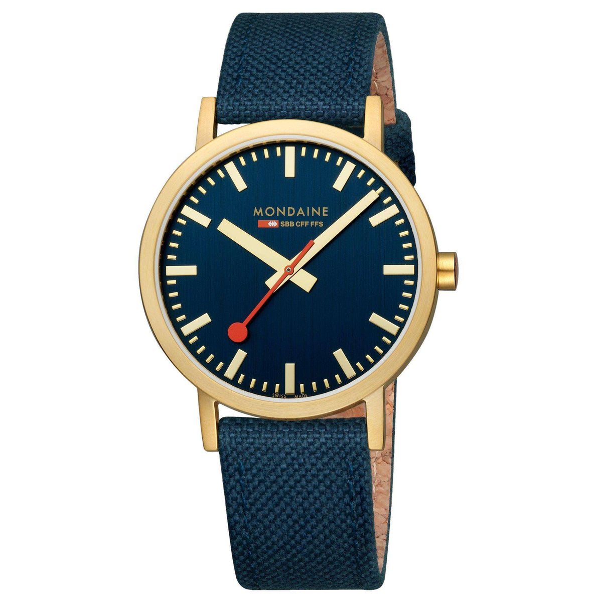 Mondaine Classic watch close view with navy-blue dial, gold-tone bezel, dark blue fabric strap