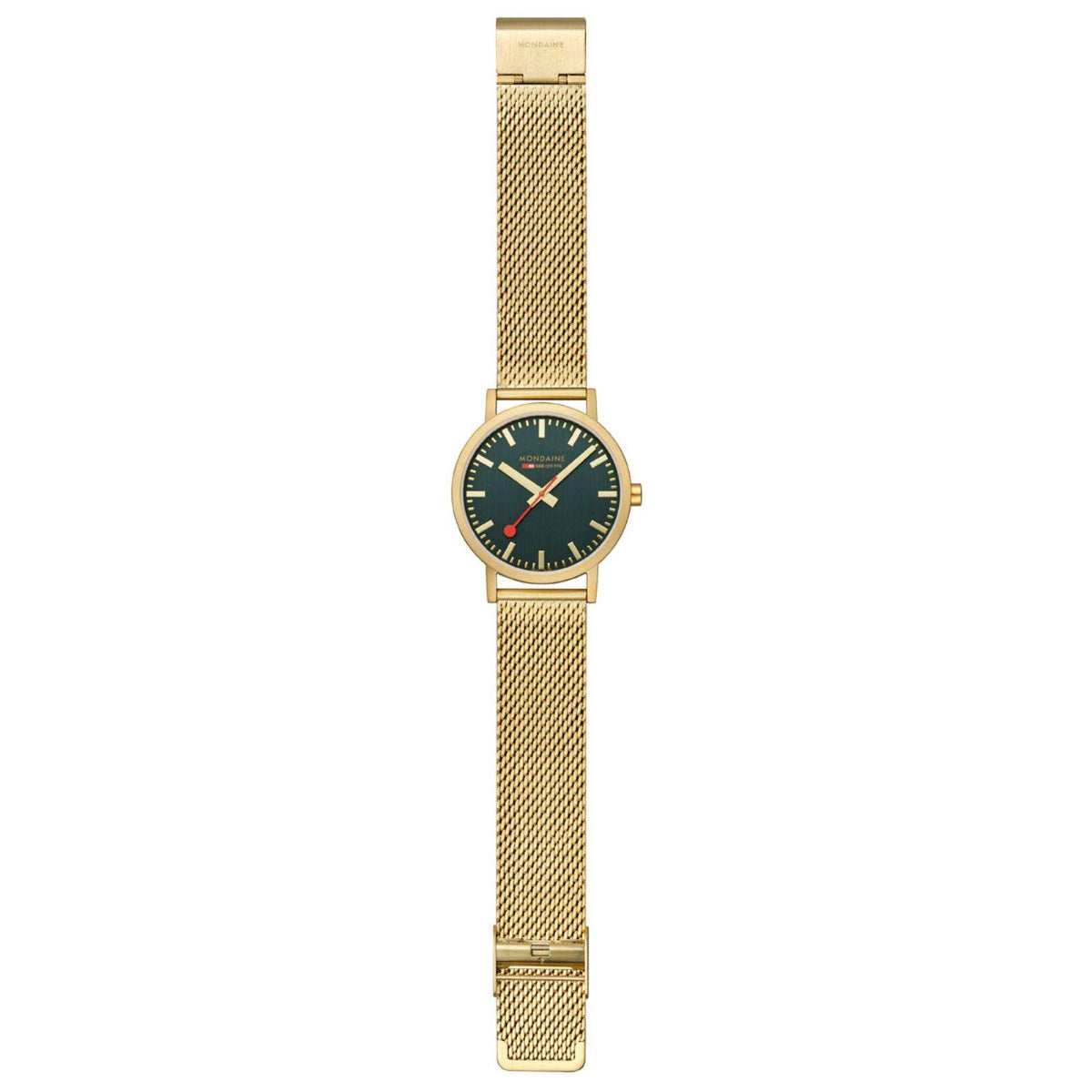 Gold mesh bracelet analog watch on side profile, dark green dial and gold markers