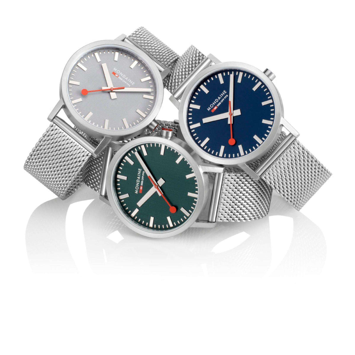 Stainless steel mesh bracelet watch with grey dial and red second hand accents