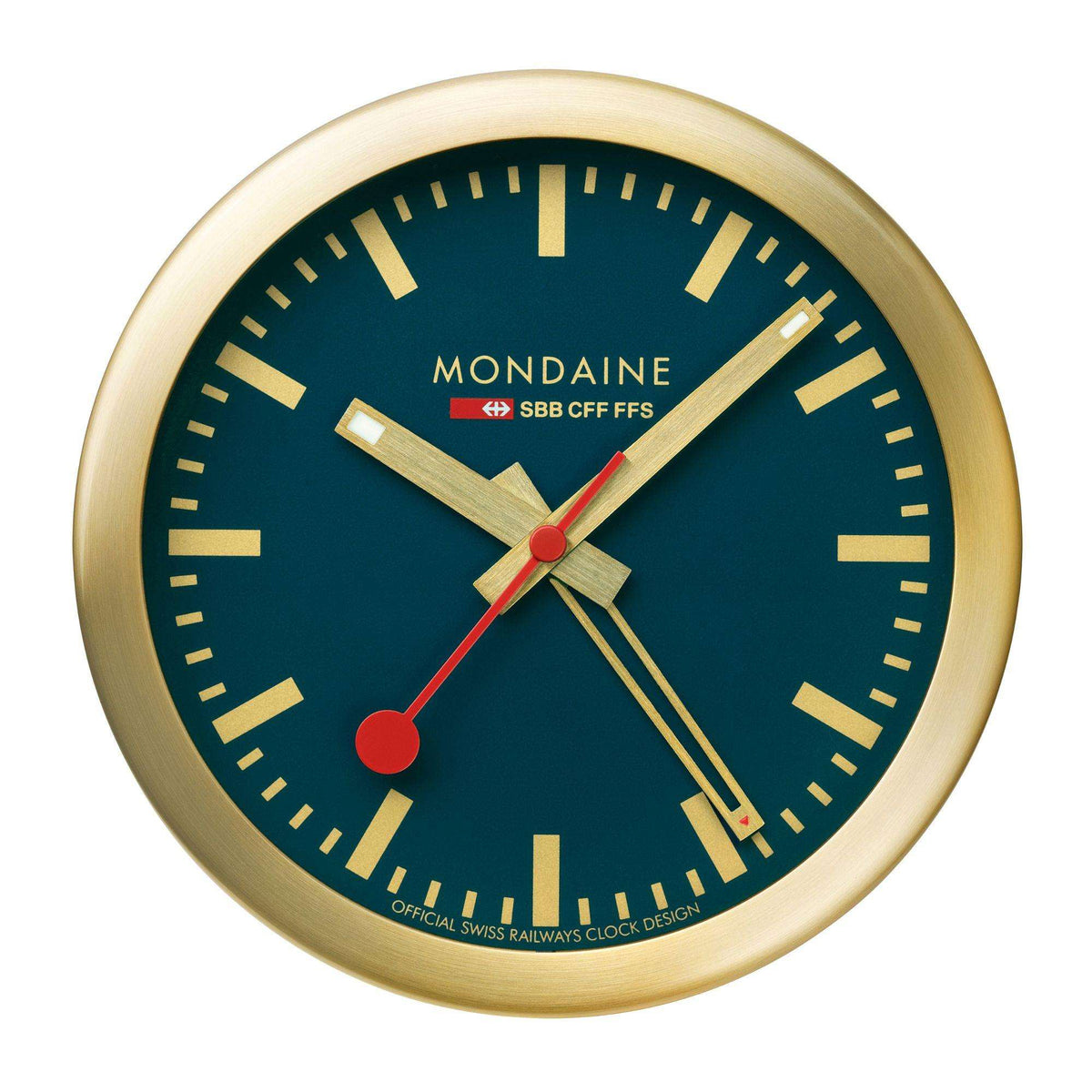 Gold-tone table alarm clock with deep ocean blue face, gold hour markers, red hands