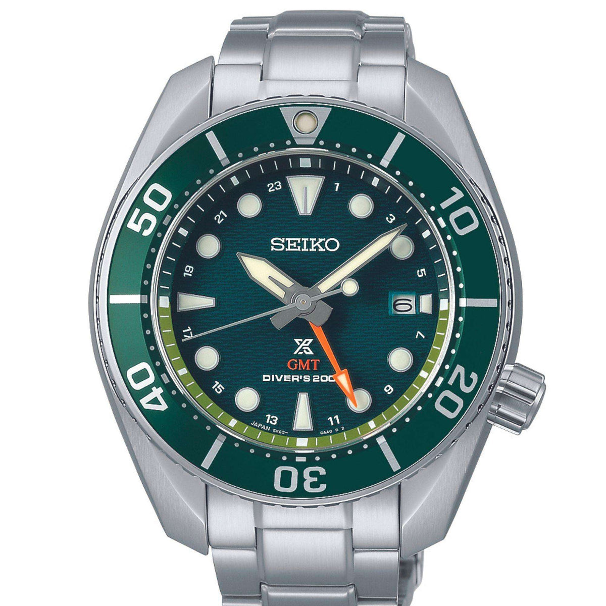 Front view of the Seiko Prospex Aqua Sumo GMT watch SFK003J1, highlighting its green dial, matching green bezel, and bright orange GMT hand.