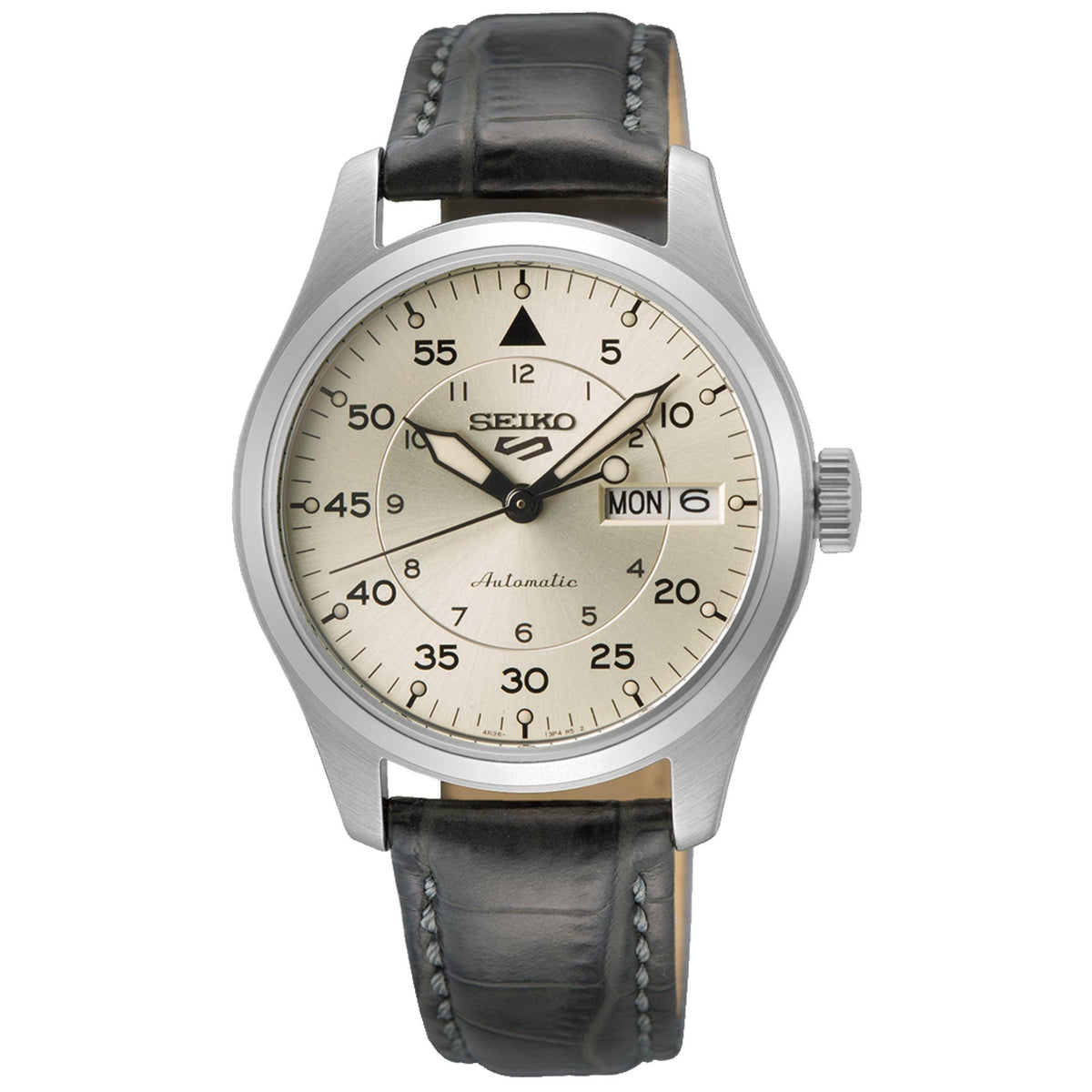 Seiko 5 Sports pilot watch: champagne dial, black leather strap, stainless case, day/date