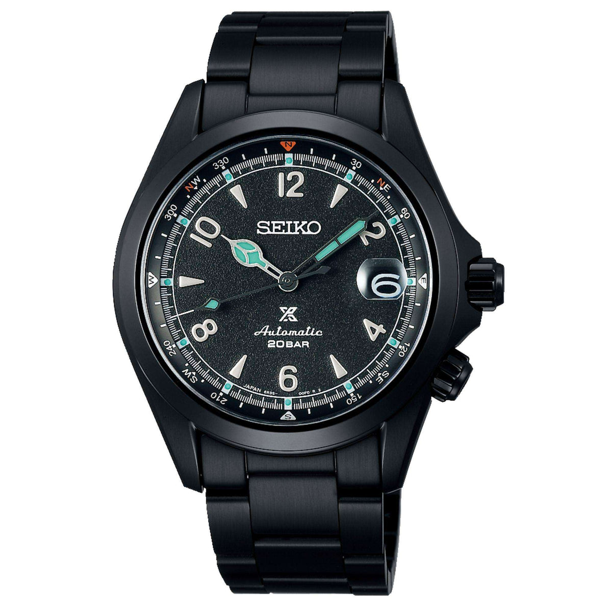 Front view of Seiko Prospex Black Series Night Alpinist Limited Edition Watch SPB337J1 with a detailed face on a white background