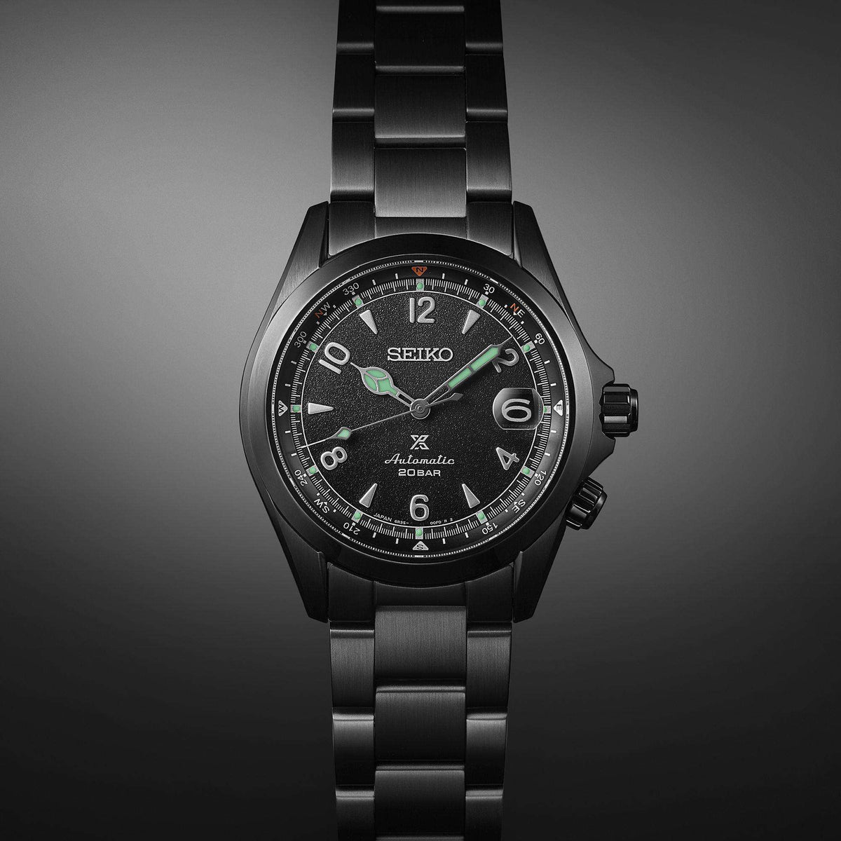 Seiko Prospex Black Series Night Alpinist watch SPB337J1 on a dark background