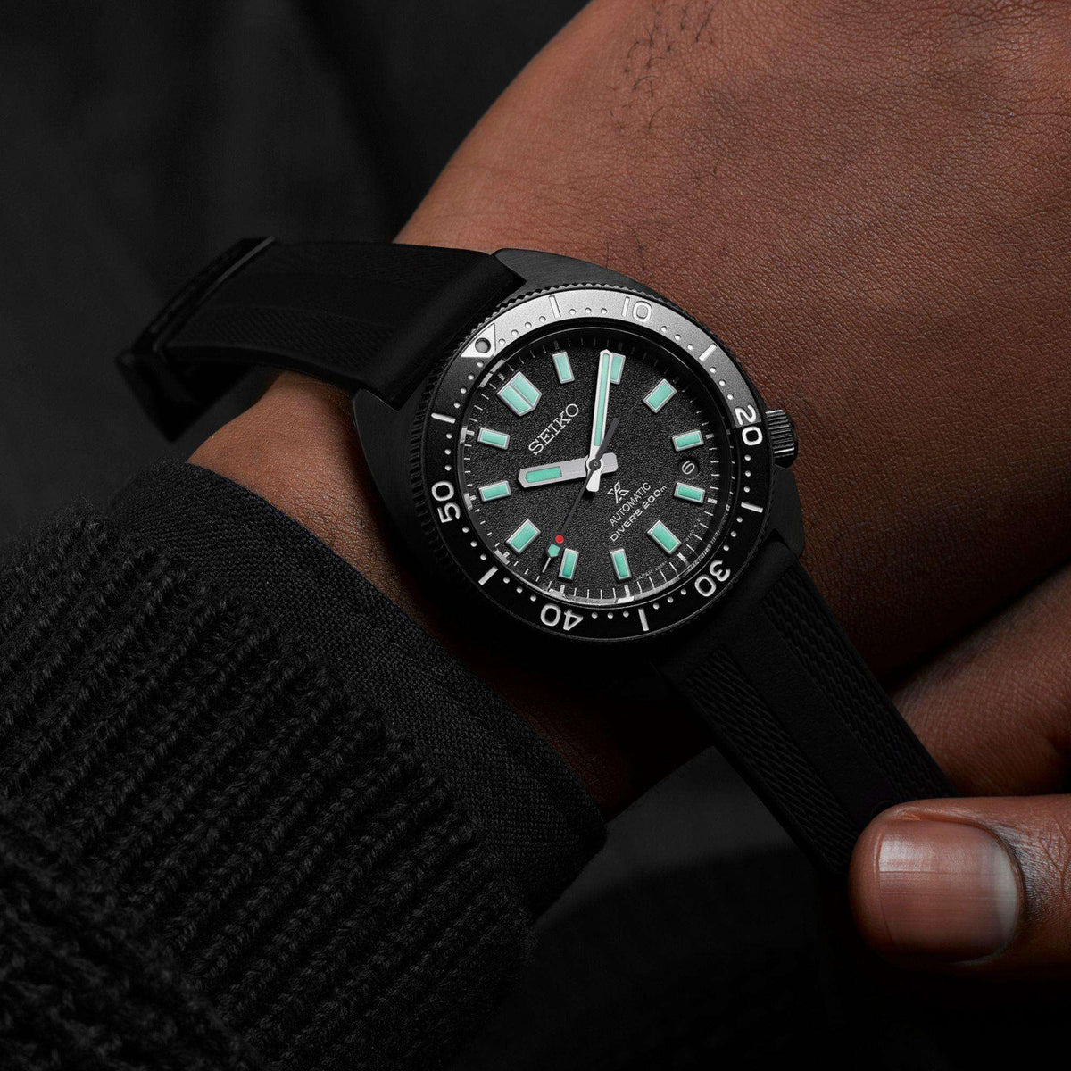Close-up of Seiko Prospex Black Series Night Turtle Automatic Watch SPB335J1 worn on wrist