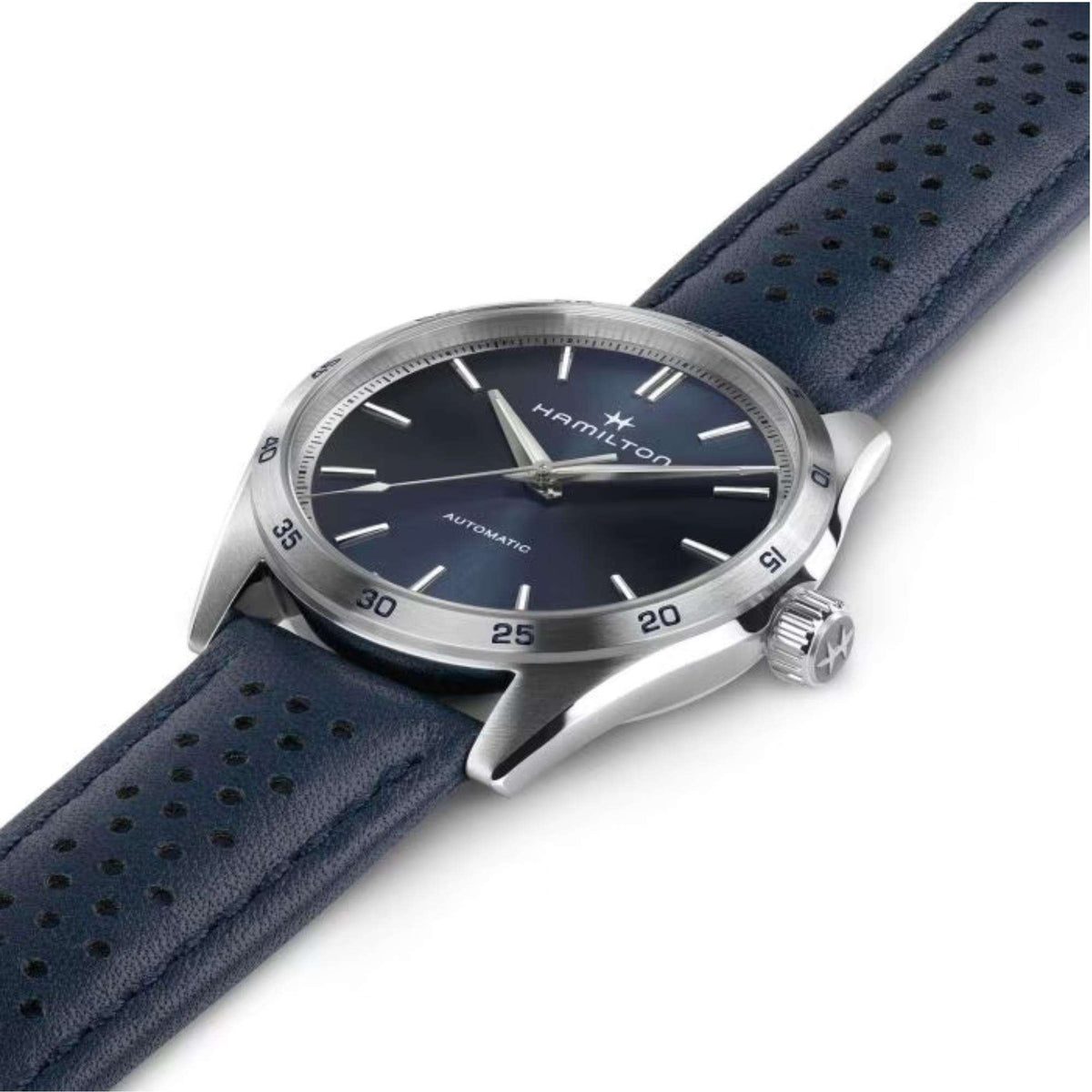Automatic watch with blue dial, silver case, and perforated dark leather strap