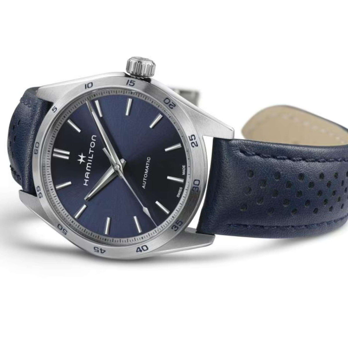 Automatic blue dial watch with dark leather strap, silver case and side crown