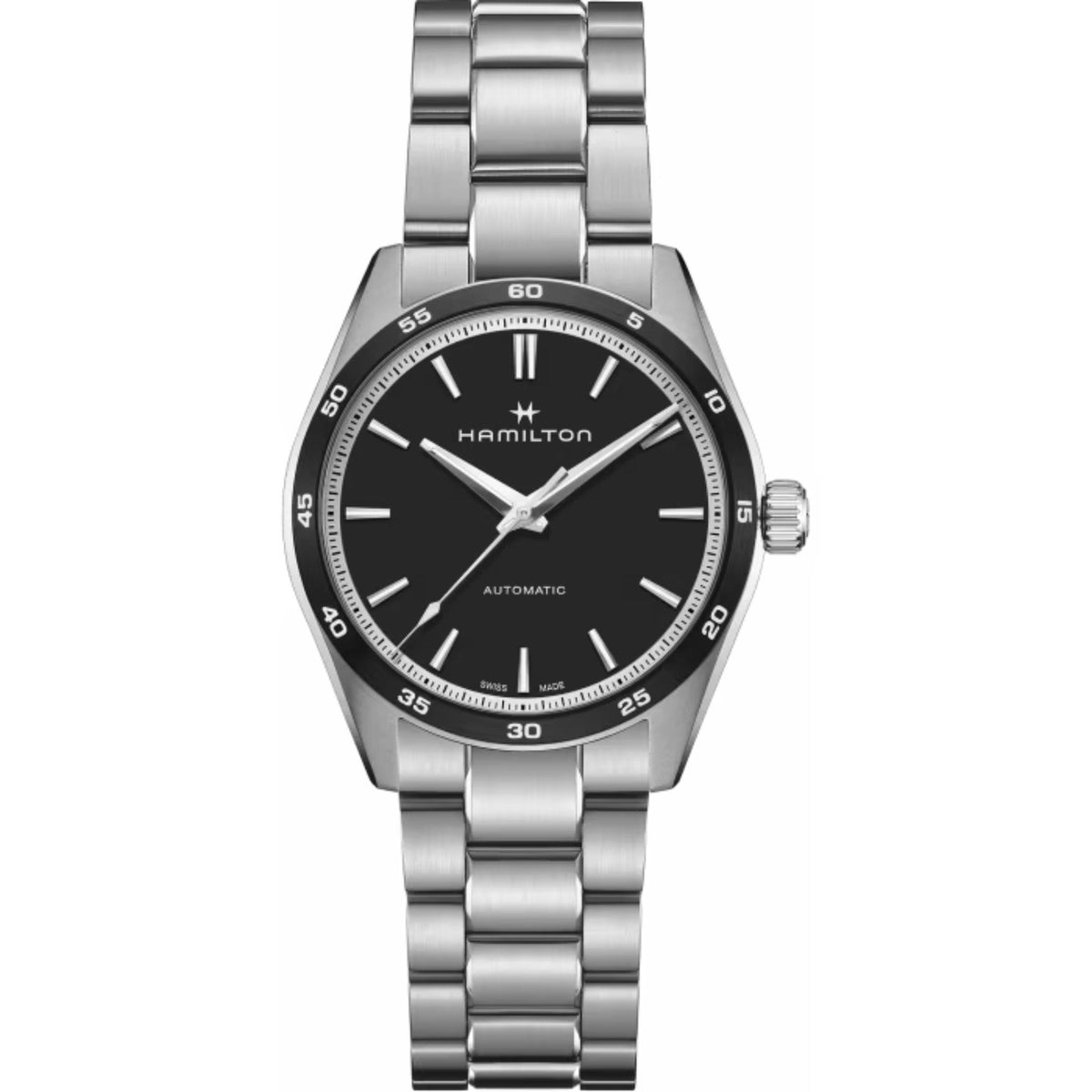 Men's automatic wristwatch with black dial and steel bracelet, silver bezel markers.