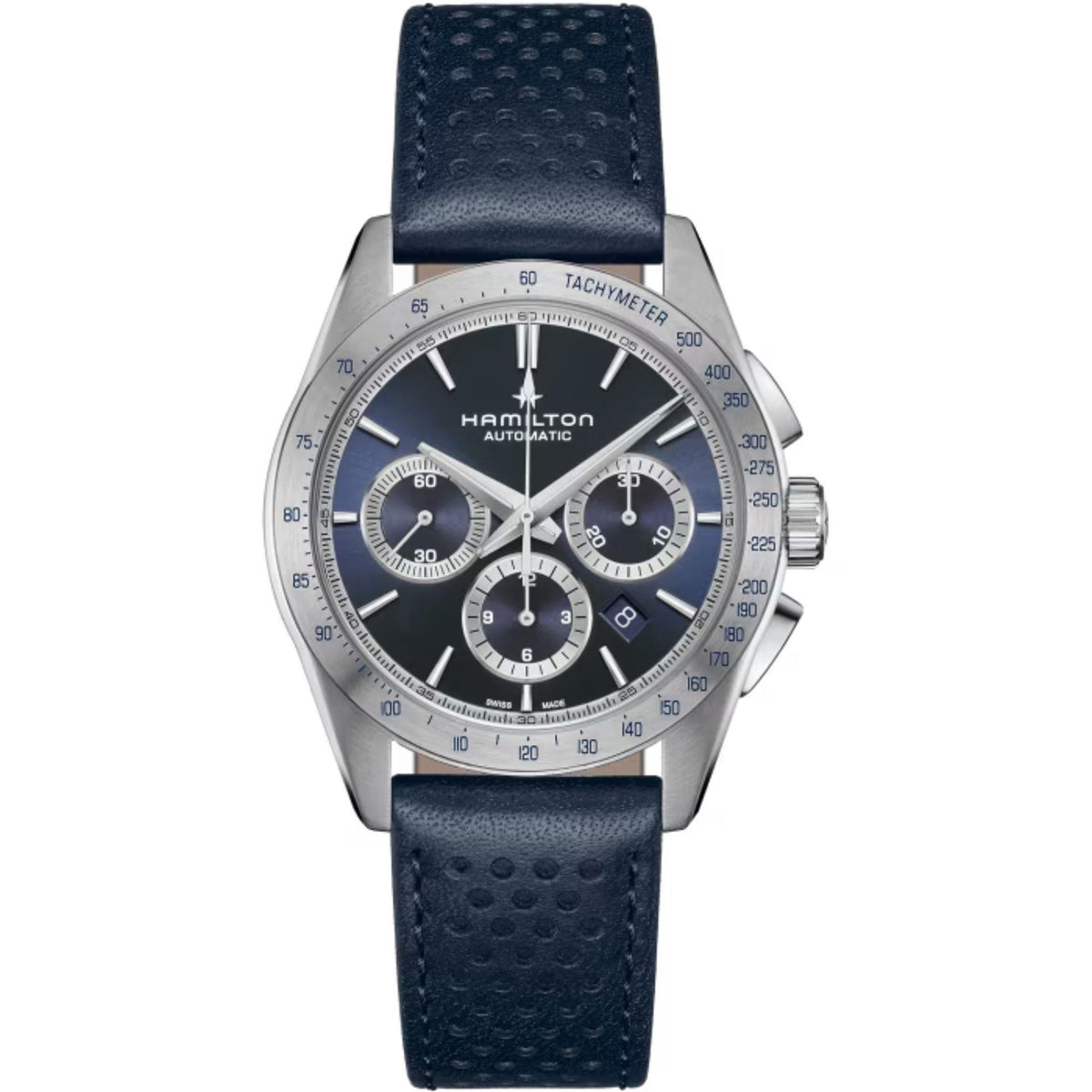 Men's automatic chronograph watch, dark blue dial, navy leather strap, round silver case.