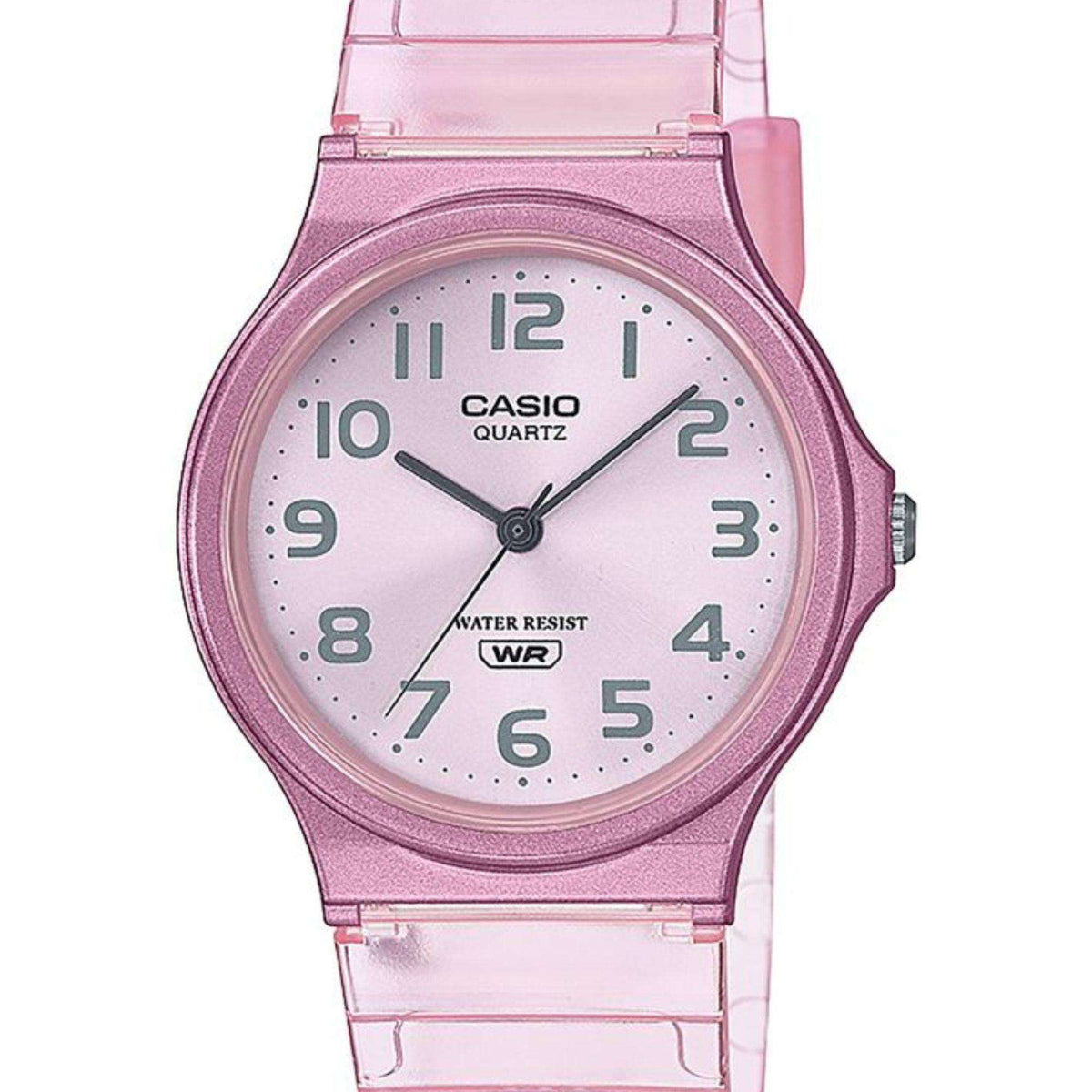 Pink translucent resin watch with round white dial, black hands, and WR water resist mark