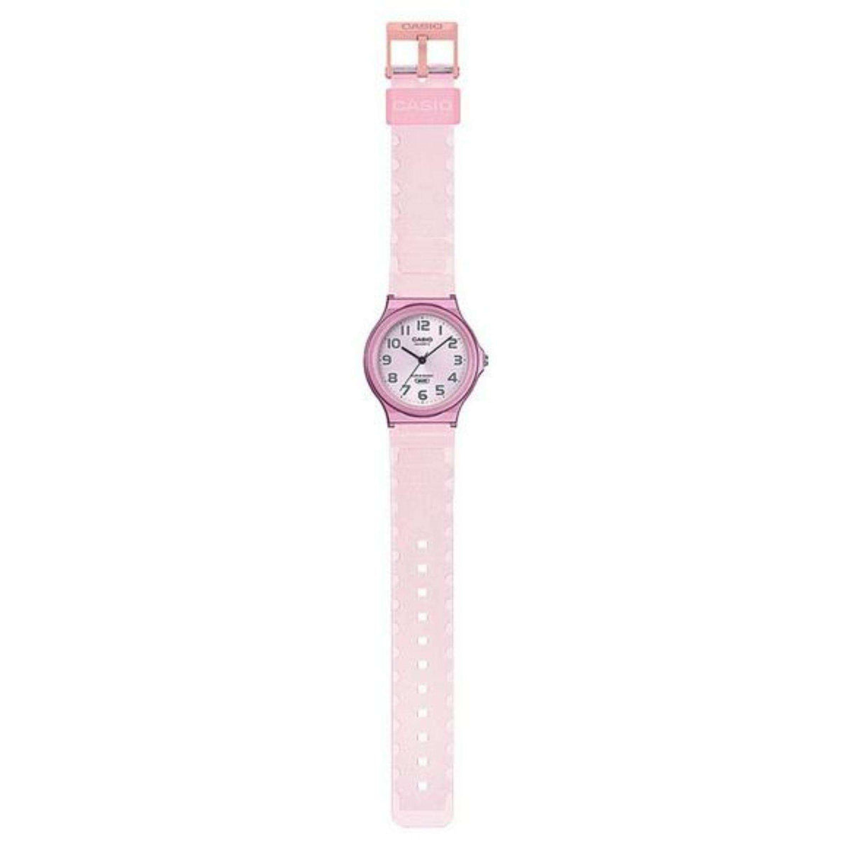 Pink translucent resin strap watch with small round face, buckle clasp, and water resist WR