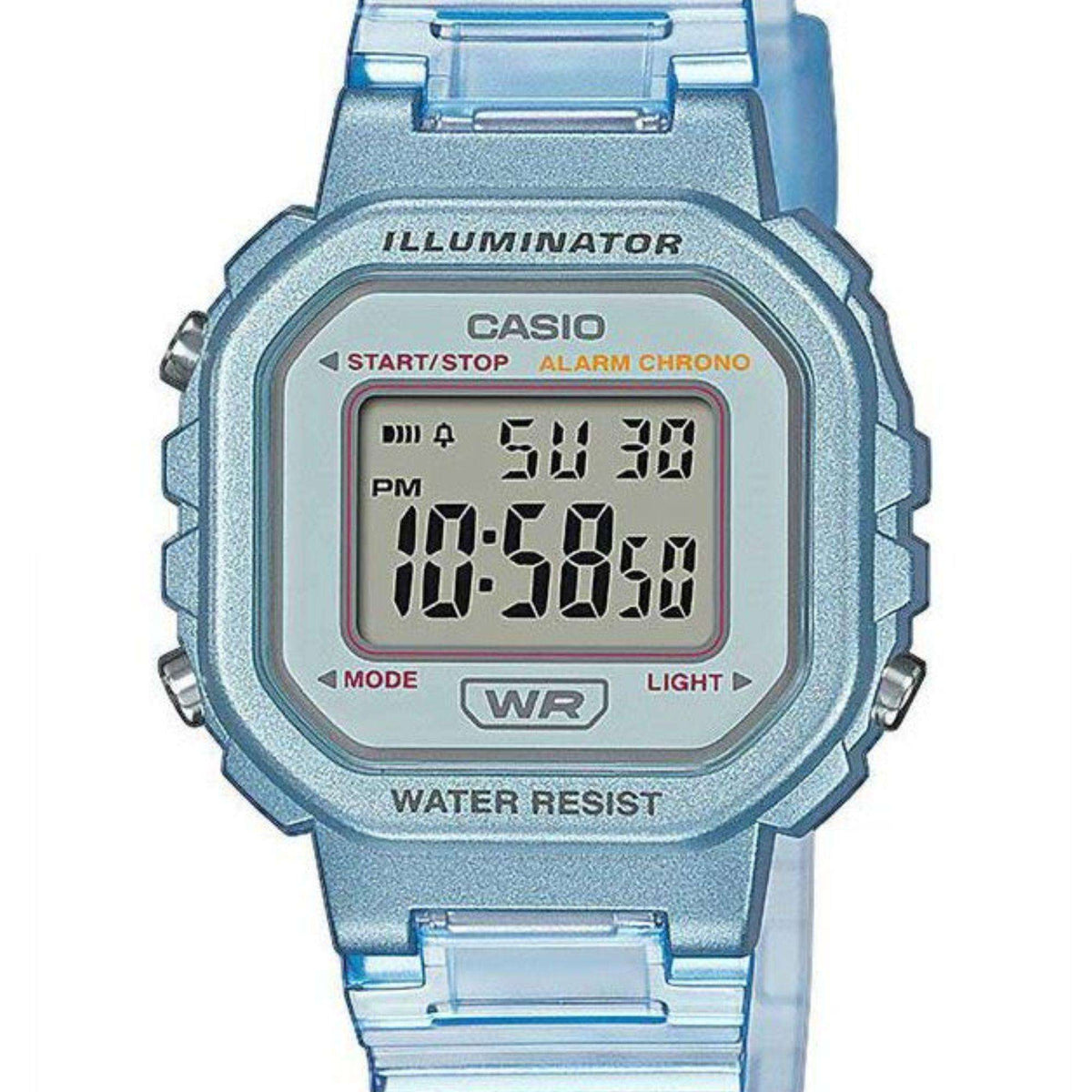 Blue Casio digital watch close-up, round case with digital screen and buttons on sides