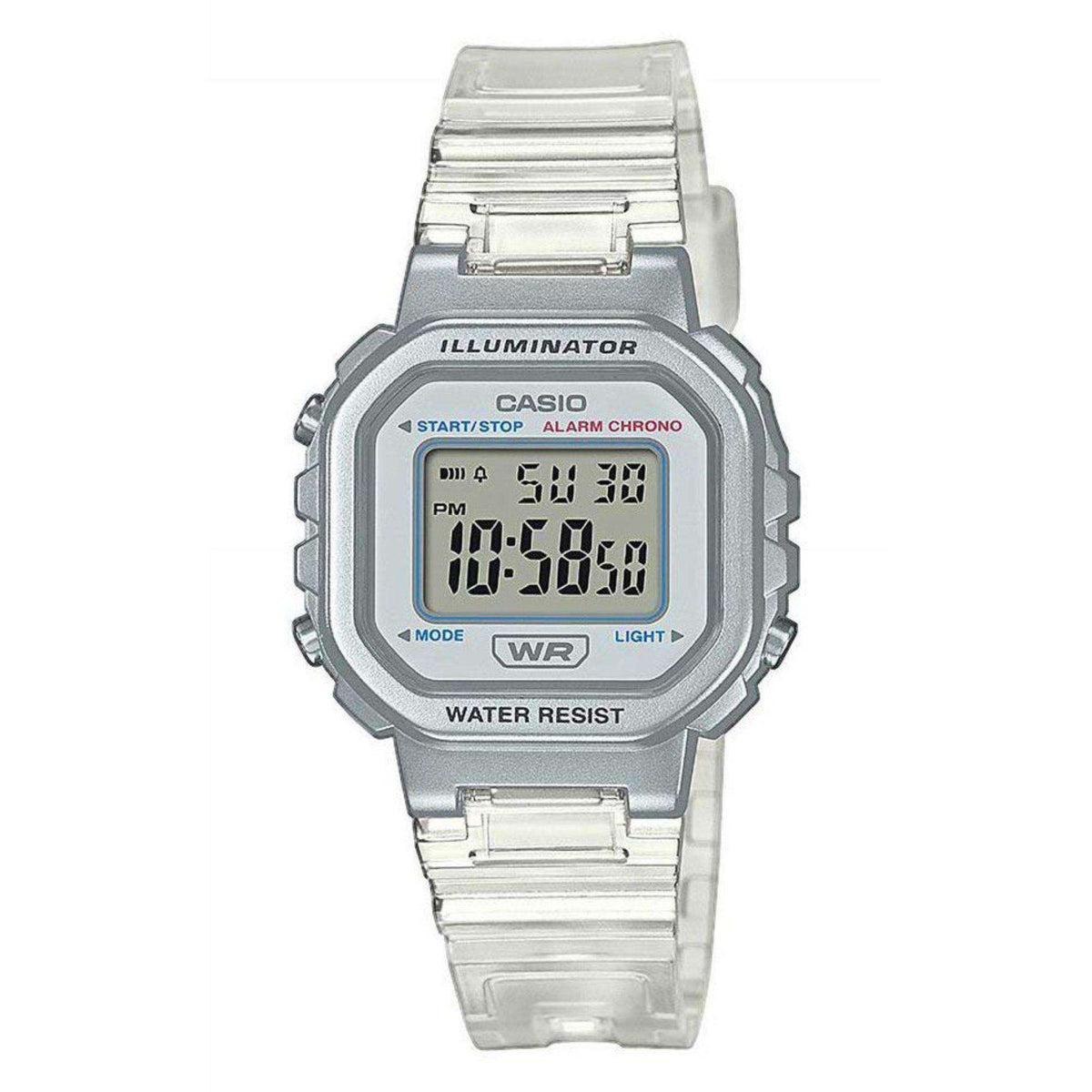 Digital wristwatch with silver tone resin band, illuminated LCD face, visible buttons