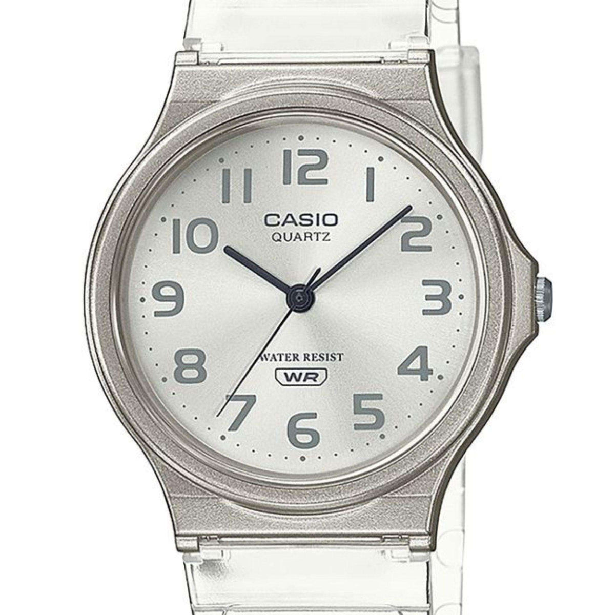 Casio Skeleton Series analog watch close-up: clear strap, silver bezel, white dial, black hands