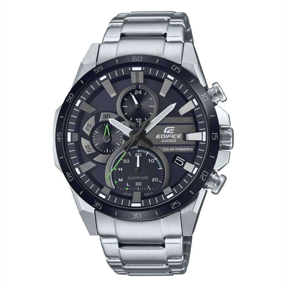 Men's chronograph wristwatch with black dial and stainless steel bracelet, solar powered