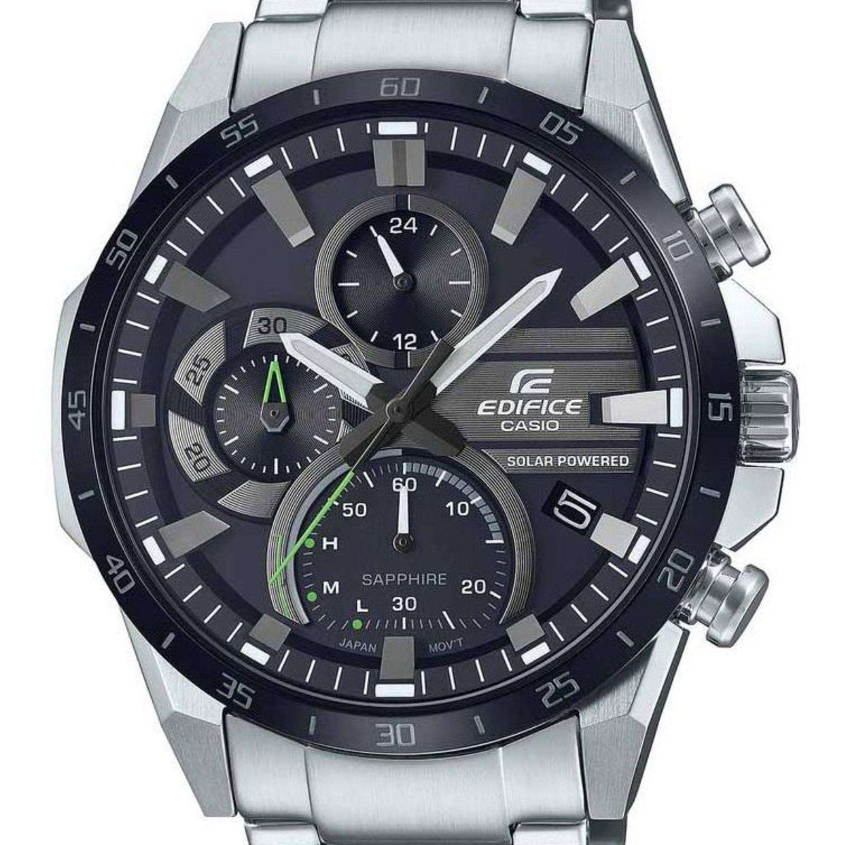 Men's chronograph wristwatch close-up: black dial, steel bracelet, green accent hands