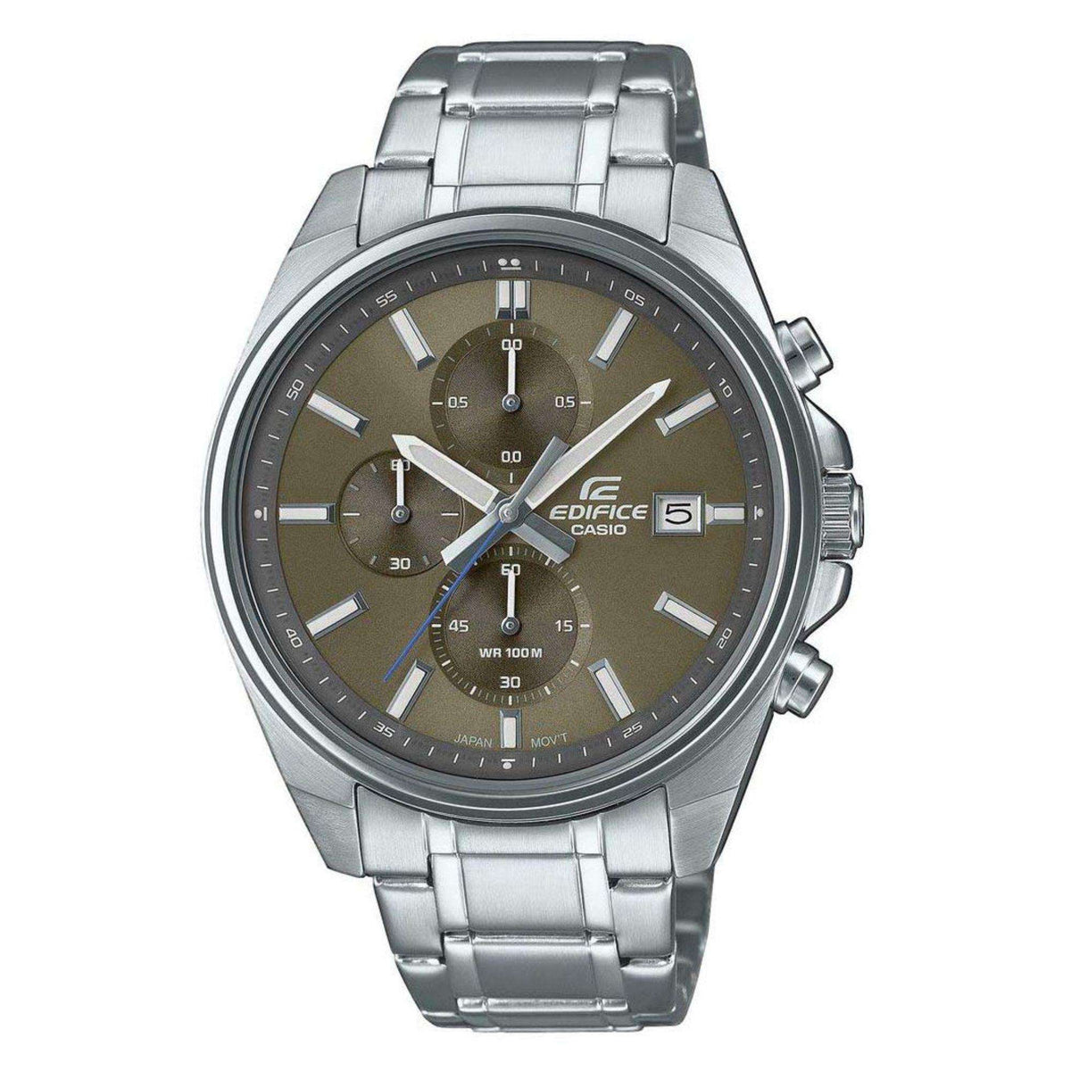 Mens wristwatch with olive bronze dial, silver steel bracelet, three subdials, date window