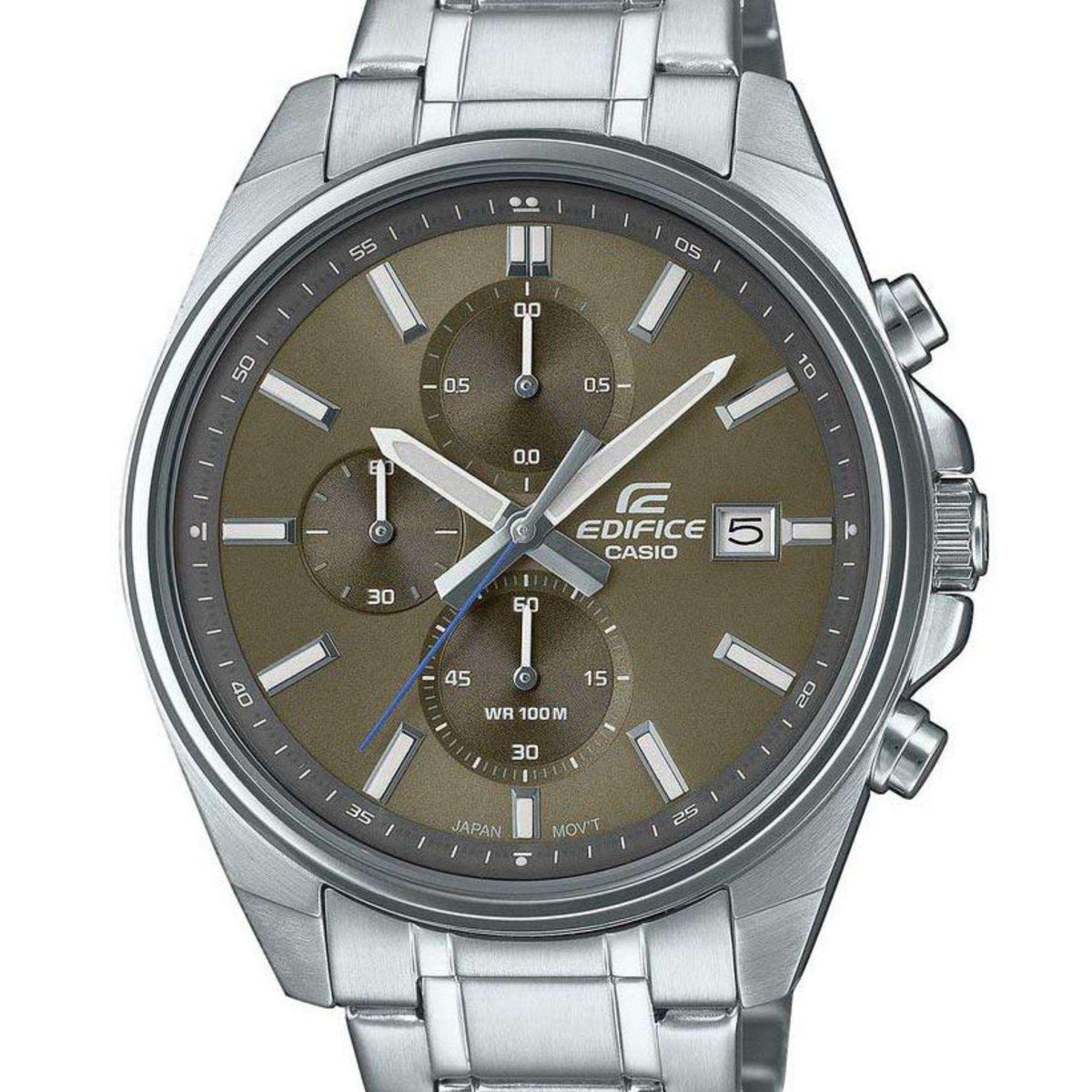 Mens watch with olive bronze dial and silver steel bracelet, baton markers, date display