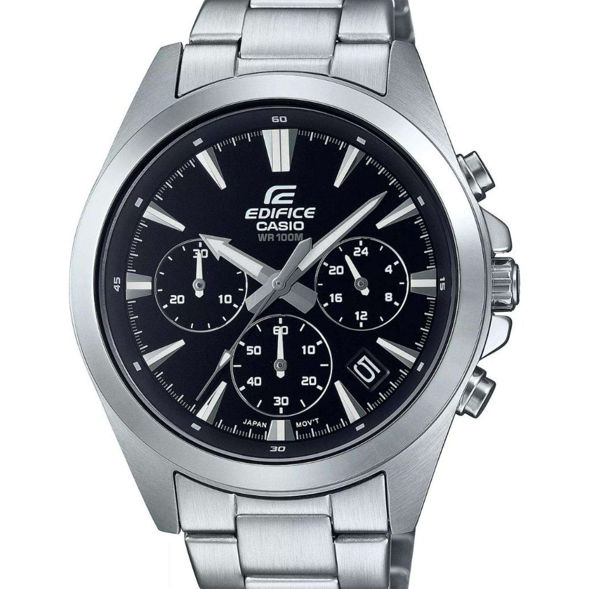 Men’s stainless steel chronograph watch with black dial, three sub-dials, metal link band
