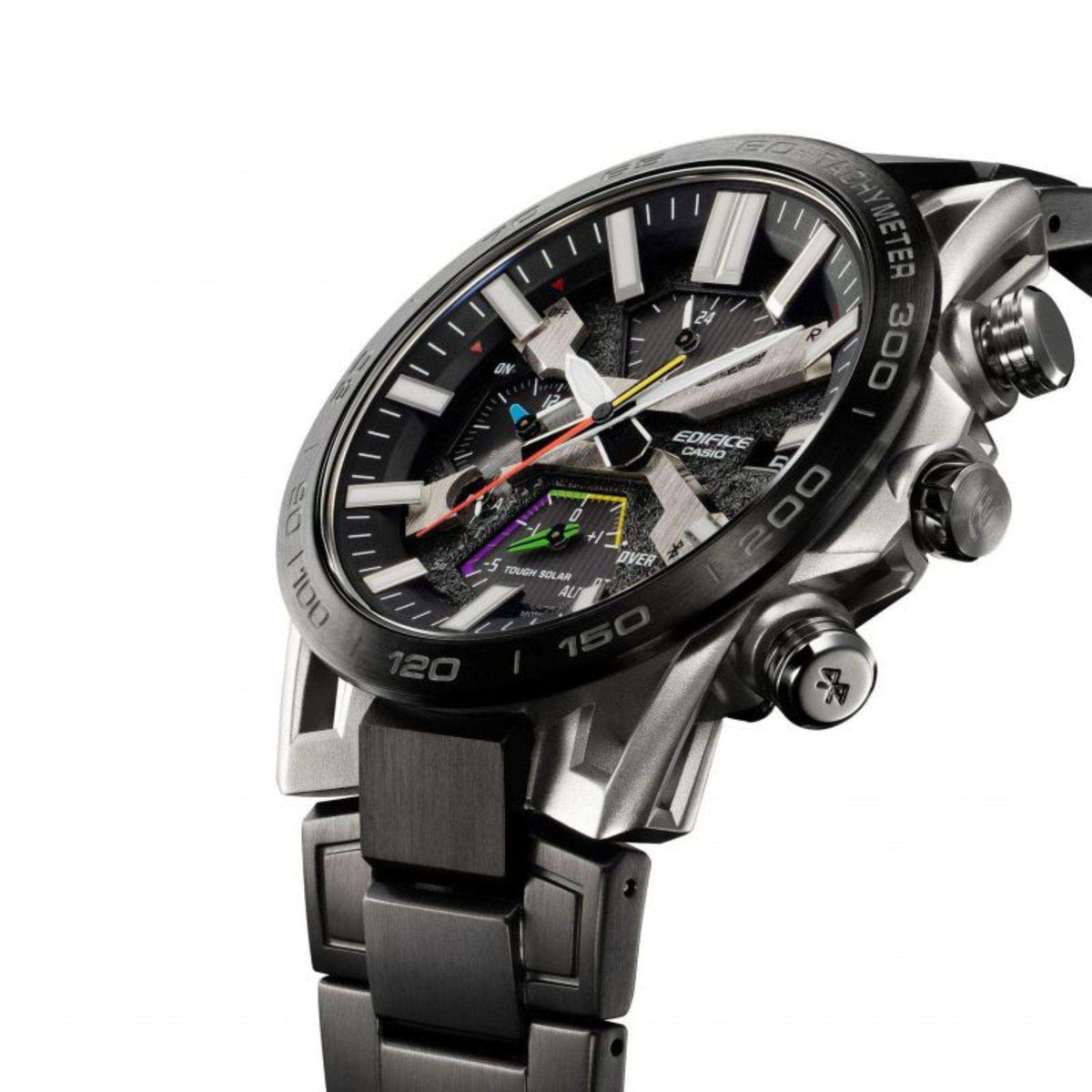 Men's chronograph watch in silver with dark grey dial; side view with pushers and black bracelet