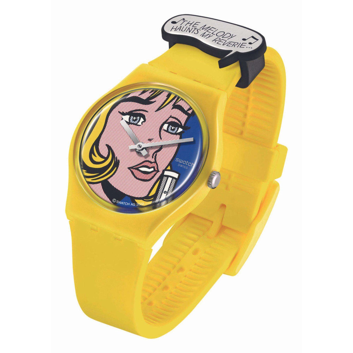 Yellow Swatch wristwatch, angled view showing molded bezel and pop-art woman dial