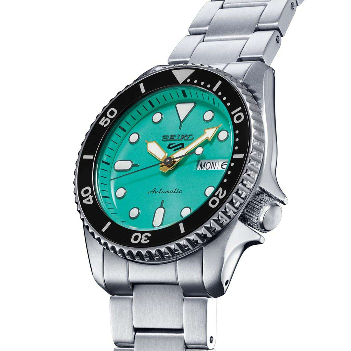 Angled view of Seiko 5 Sports mens watch, highlighting the polished case and crown at the 4 o'clock position.