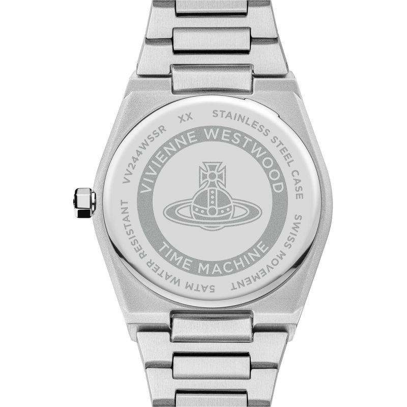 Silver watch back with stainless steel text and Vivienne Westwood logo