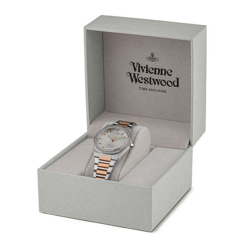 Bracelet watch in a gray gift box, silver case and rose-gold link accents