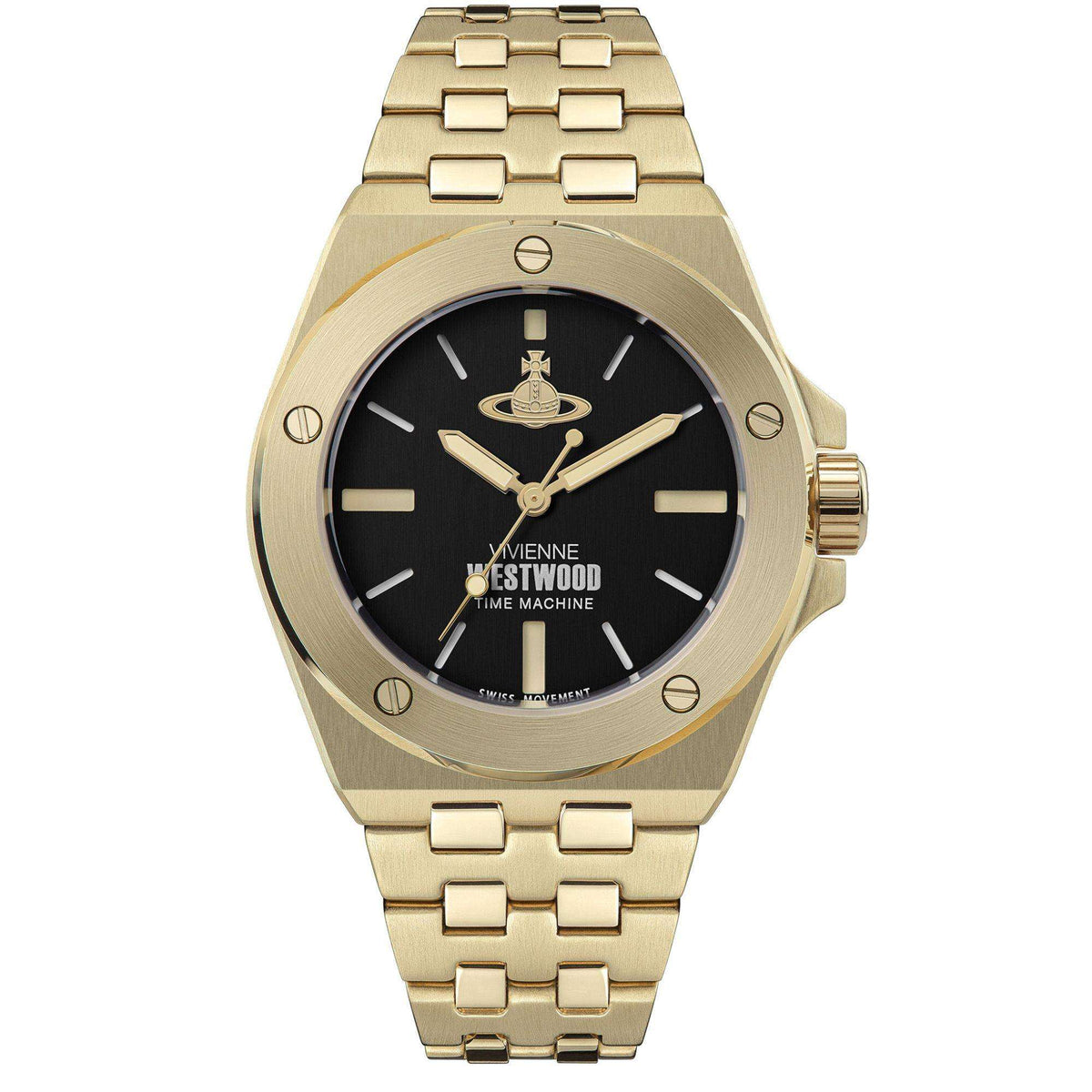 Gold-tone bracelet watch with black dial, gold hands and markers, round case