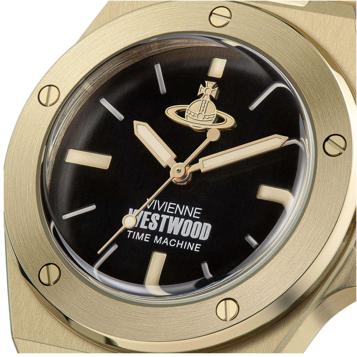 Close-up of black dial with gold baton markers, logo and hands on gold case