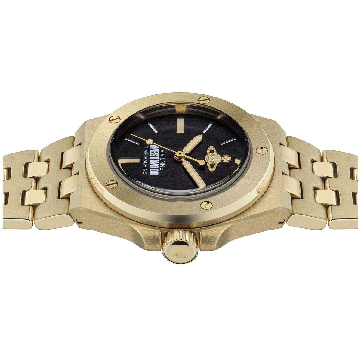 Gold-tone round watch with black dial, crown detail, and linked bracelet