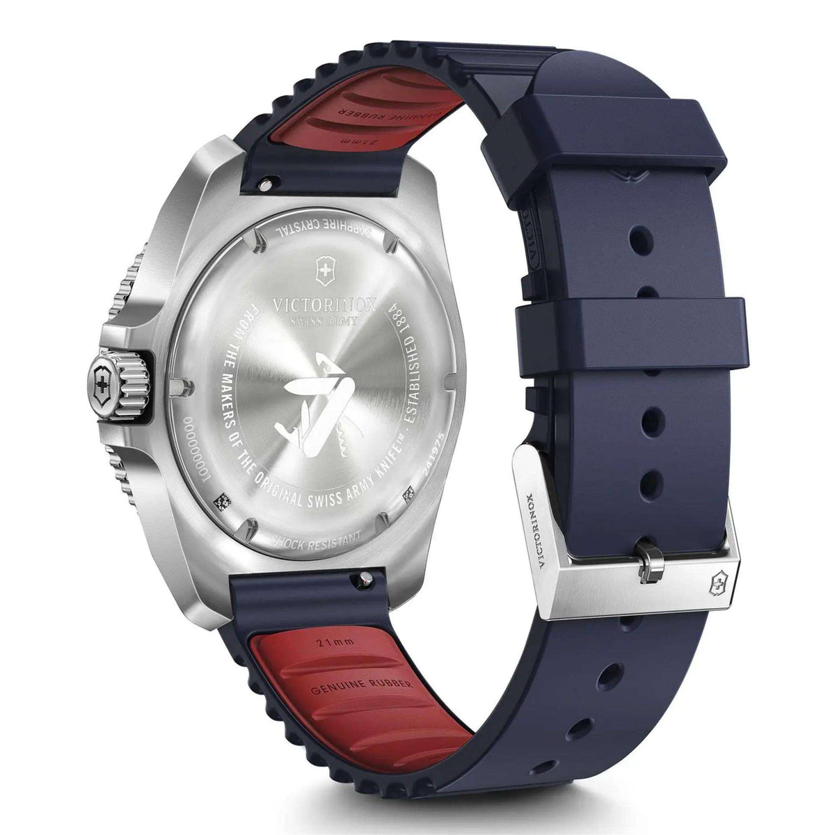 Men's rubber strap quartz watch with blue dial and stainless steel case, side view